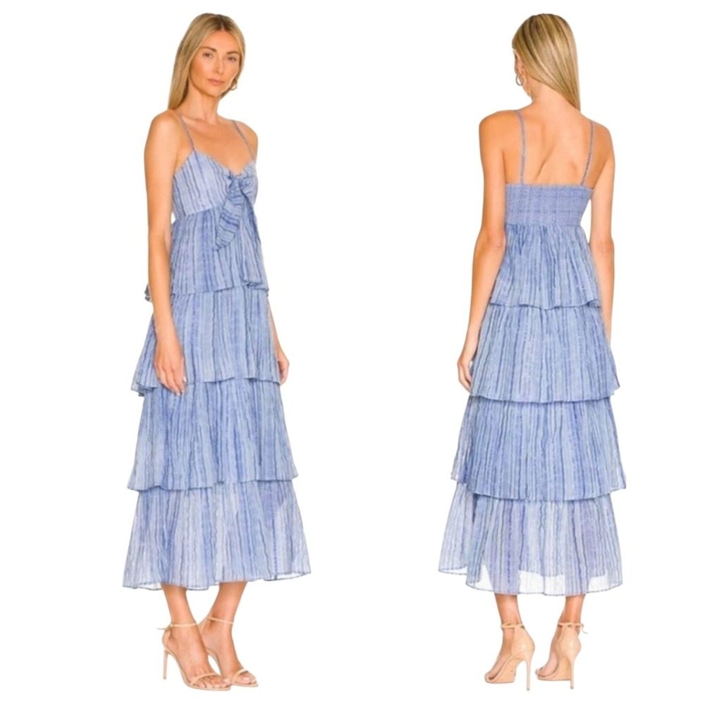 Saylor Jameela Midi Dress Wms Large Blue Striped Metallic Smocked Tiered Cotton